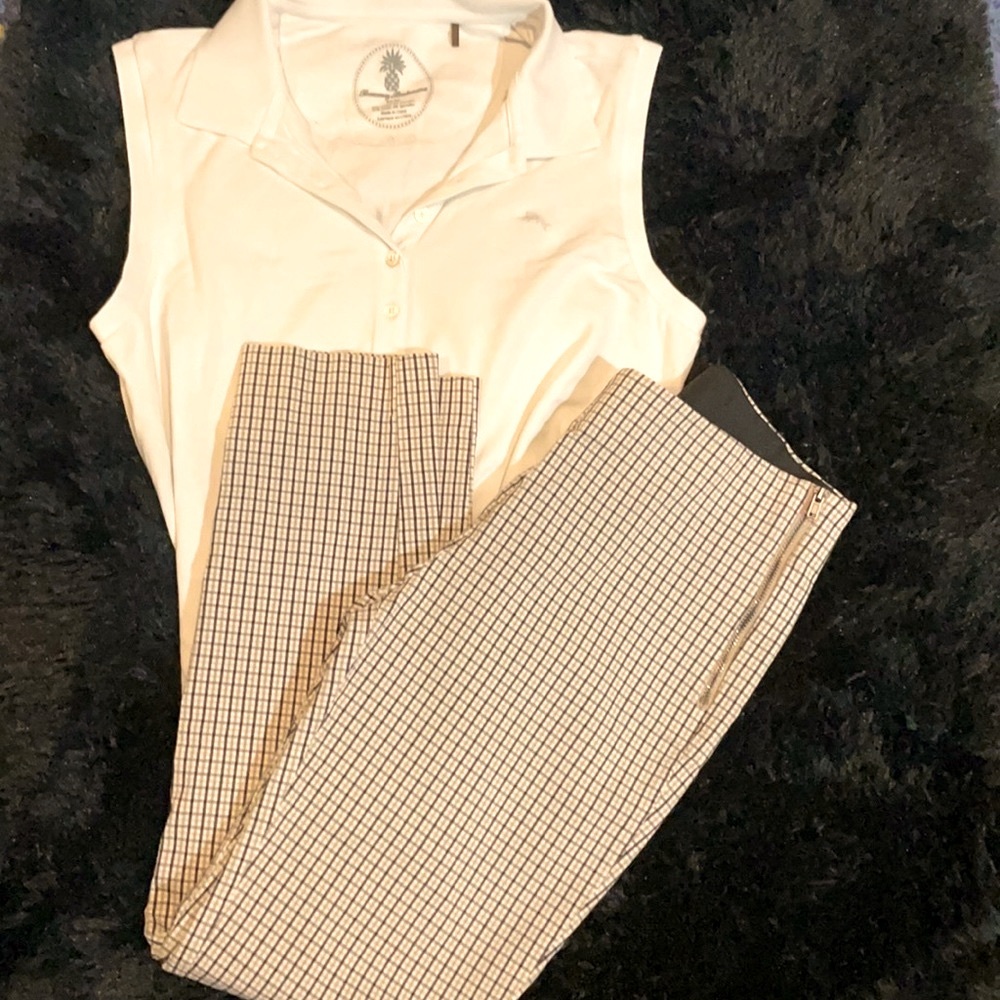 a new day sz 2 high rise skinny ankle tan plaid pants side zip & button stretch